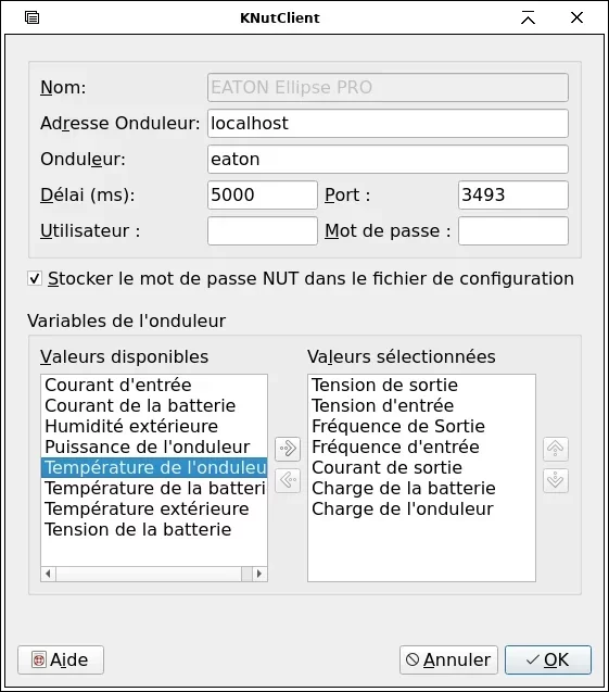 knutclient - paramètres de l’onduleur configuré