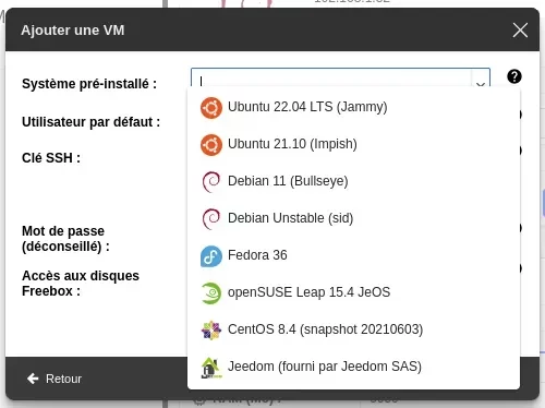 Freebox ajouter une VM choix système pré-installé