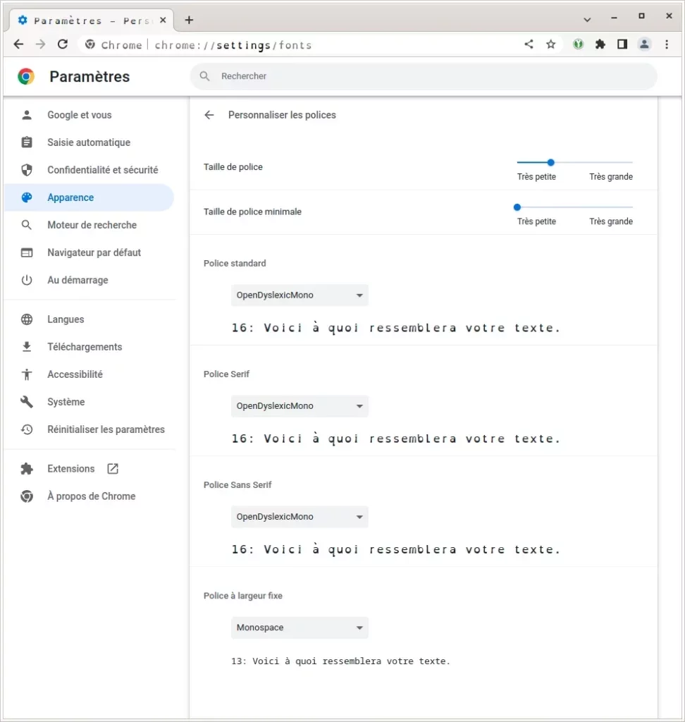 configuration police dans chrome