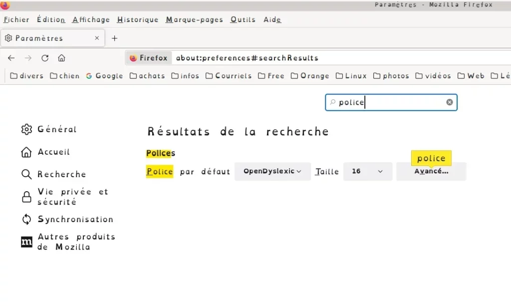 configuration police dans firefox