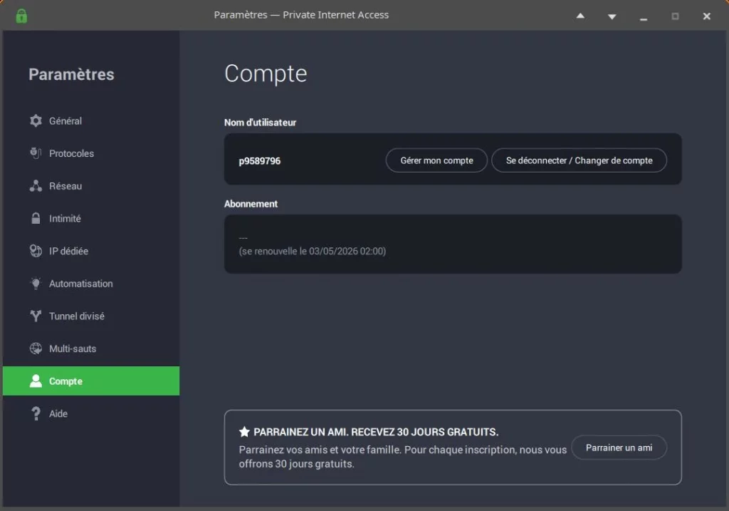 Private Internet Access Compte
